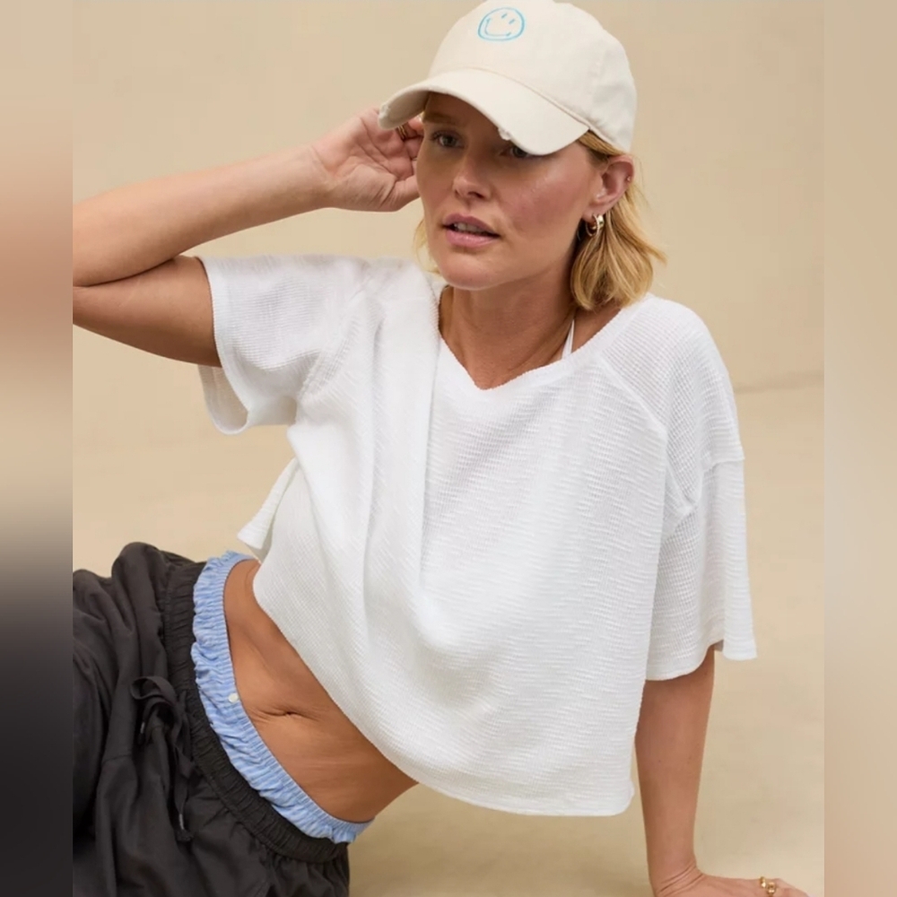 Aerie White Cropped Waffle T-Shirt